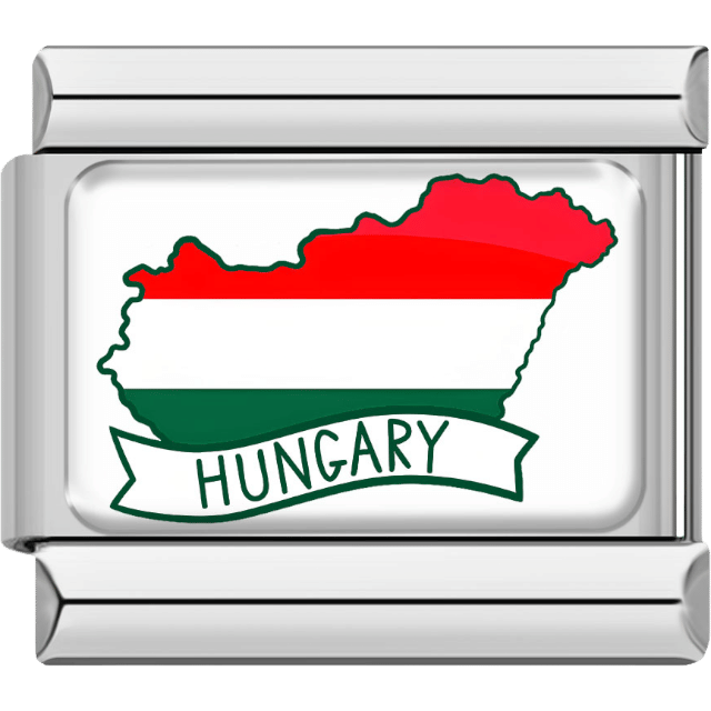 Silver-bordered Italian charm showing the map of Hungary in red, white and green flag stripes with a banner labeled “Hungary.”
